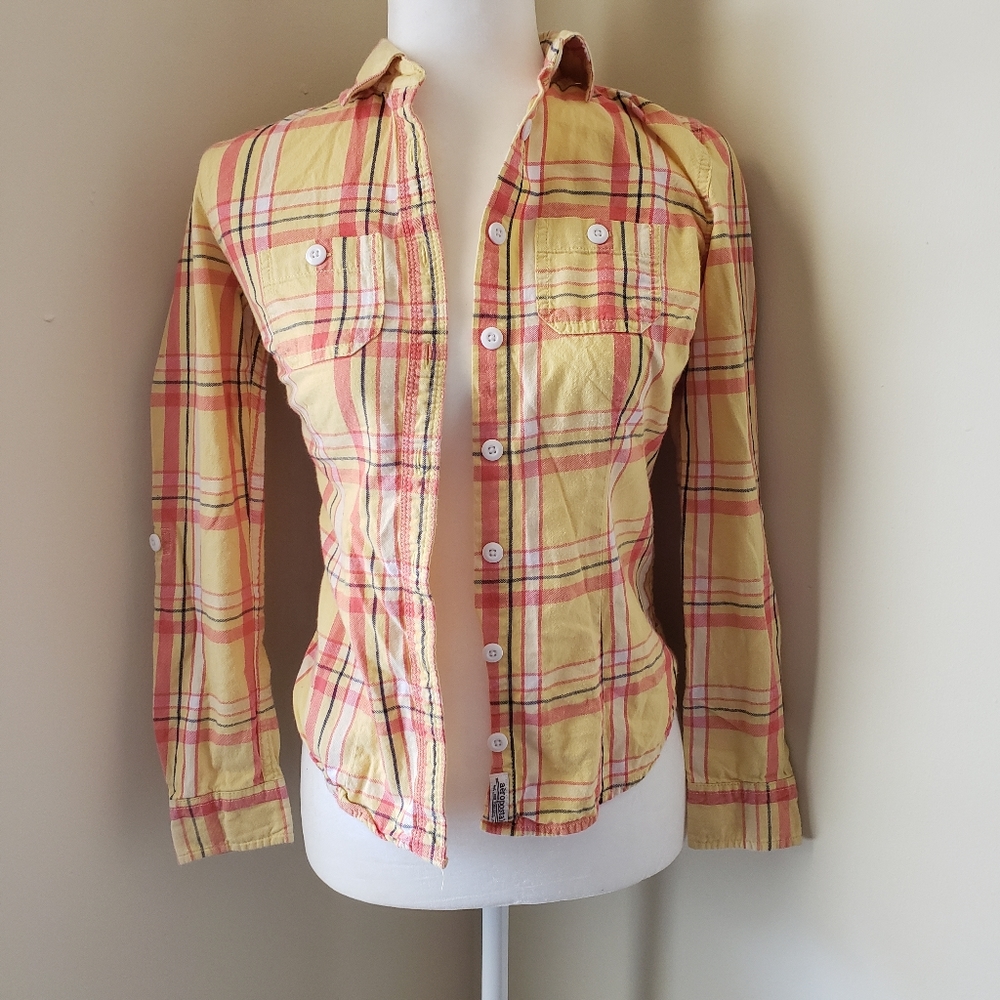 Aeropostale yellow orange plaid flannel button top